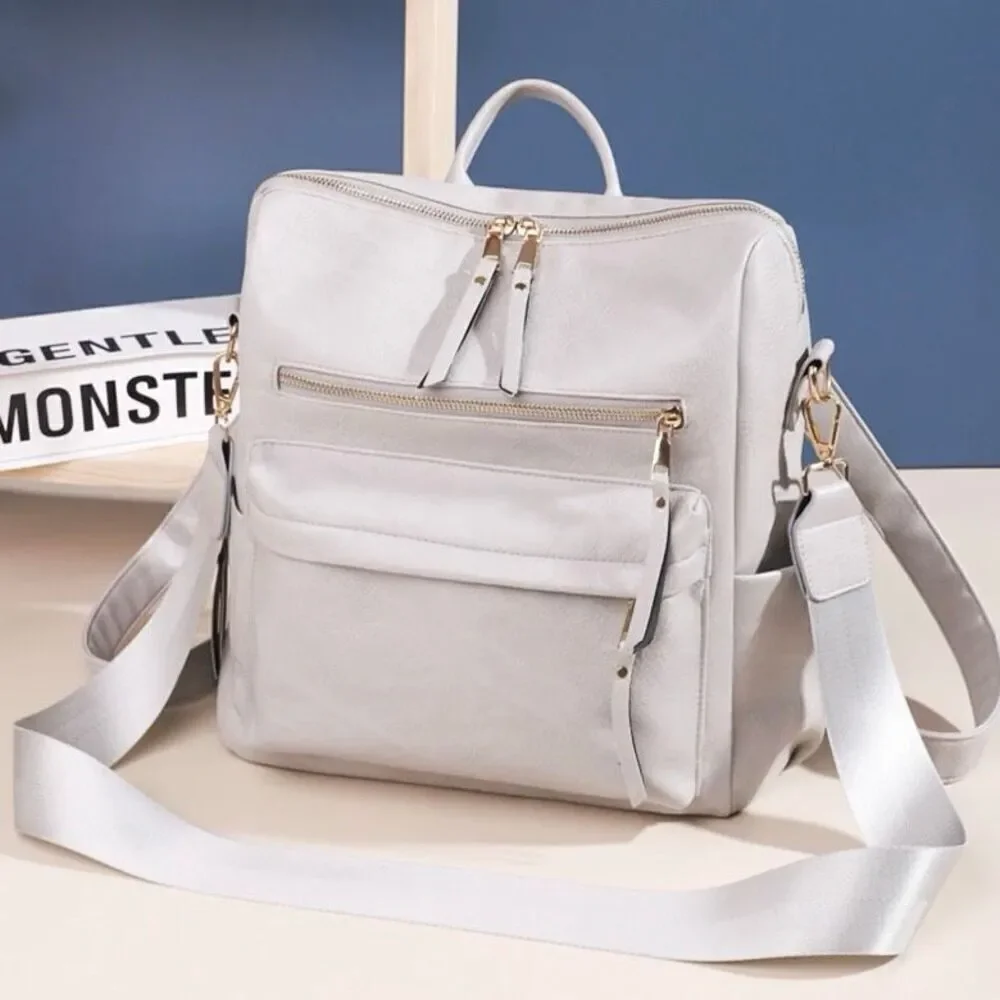 Brand New Grey Leather Backpack With Adjustable Shoulder Tote Strap